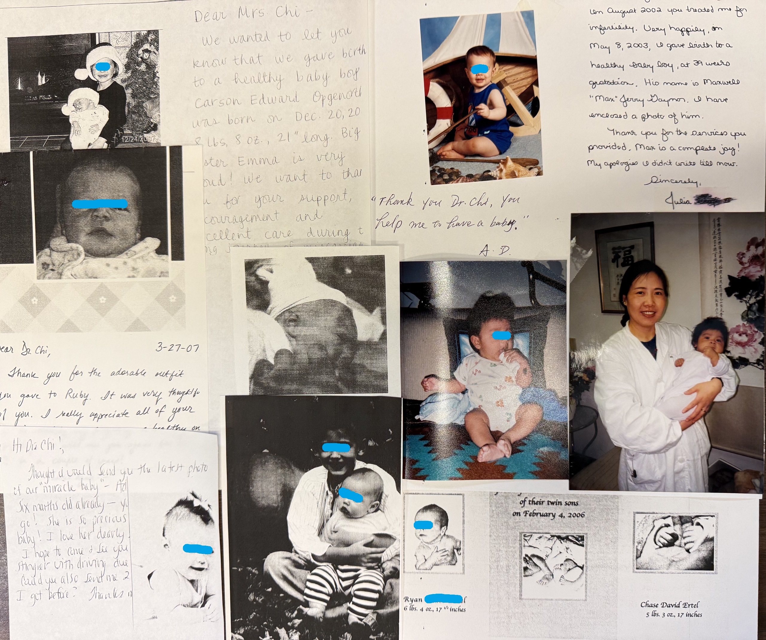 A wall of thank-you notes and baby photos from grateful patients